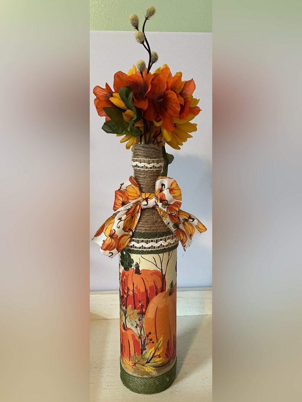 Autumn Pumpkin Twine Wrapped Decorative Bottle with Orange Bow
